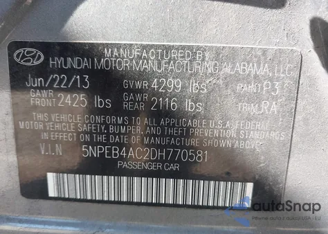 2013 Hyundai Sonata Gls из США, поврежденный, VIN 5NPEB4AC2DH770581